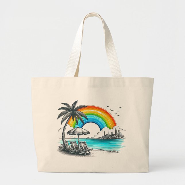 Bolsa Tote Grande Palmeira praia com belo arco-íris (Frente)