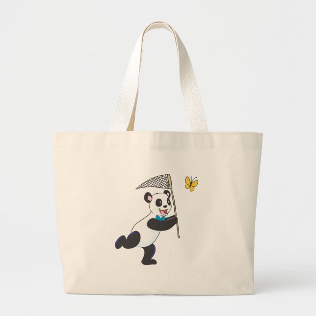 Bolsa Tote Grande Panda que persegue a borboleta (Frente)