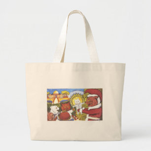 Bolsa Tote Grande Papai noel gato e trabalhos de arte dos amigos por