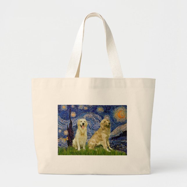 Bolsa Tote Grande Par de Golden Retriever 3 - Noite Estrelada (Frente)
