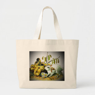 Bolsa Tote Grande Páscoa Vintage Pintinhos de Coelho Branco e Bebê
