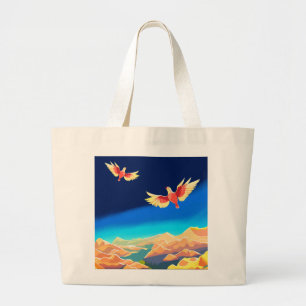 Bolsa Tote Grande Pássaro colorido voando acima das montanhas