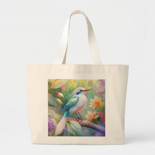Bolsa Tote Grande Pássaro Fantasia Branca, Iridescente, Teal Wing