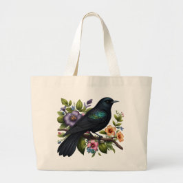 Bolsa Tote Grande Pássaro Negro charmoso com flores em sangue