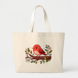 Bolsa Tote Grande Pássaro Vermelho Bonito em uma Ramificação com Flo