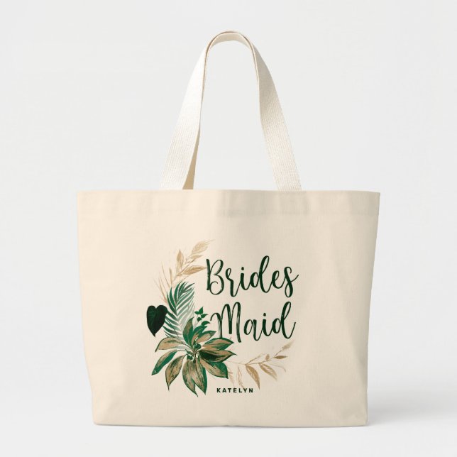 Bolsa Tote Grande Pasta tropical Wreath Greenery & Dourada Bridesmai (Frente)