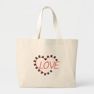 Bolsa Tote Grande Patas Cães Amor Coração Vermelho