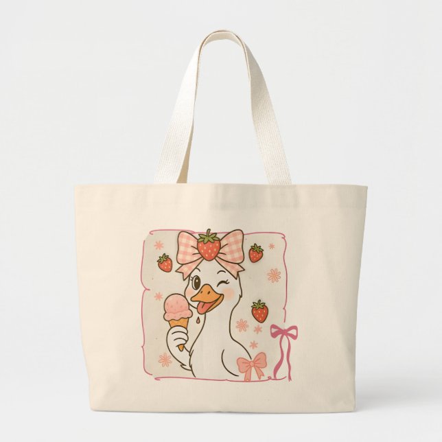 Bolsa Tote Grande Pato Kawaii com Sorvete de Morango (Frente)