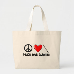 Bolsa Tote Grande Paz, amor, e clarinete