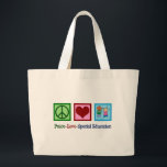 Bolsa Tote Grande Peace Love Special Education<br><div class="desc">Professor de Educação Especial de Paz ou presente de Natal para criança para alguém que trabalha com crianças que têm necessidades especiais numa sala de recursos ou escola. Um belo presente especial com sinal de paz,  coração e crianças.</div>