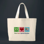 Bolsa Tote Grande Peace Love Special Education<br><div class="desc">Professor de Educação Especial de Paz ou presente de Natal para criança para alguém que trabalha com crianças que têm necessidades especiais numa sala de recursos ou escola. Um belo presente especial com sinal de paz, coração e crianças.</div>