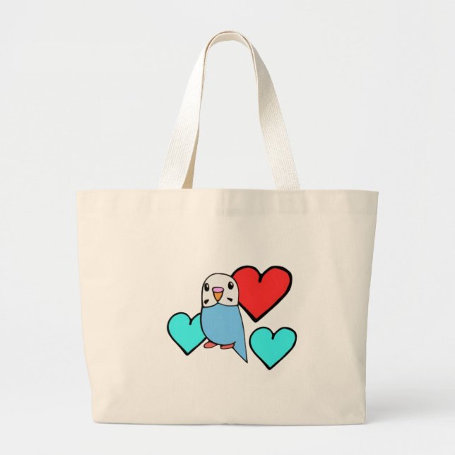 Bolsa Tote Grande Periquito Azul com Corações (Frente)