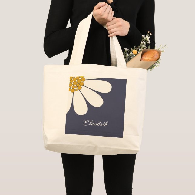 Bolsa Tote Grande Personalized White Daisy Floral Design | Custom  (Frente (produto))