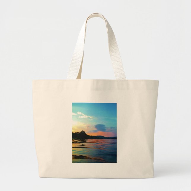 Bolsa Tote Grande Pêssego e Sunset Azul no lago de montanha (Frente)