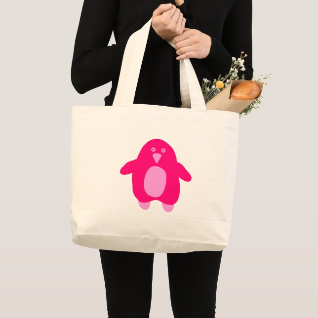 Bolsa Tote Grande Pinguim de Cartoon Rosa (Frente (produto))
