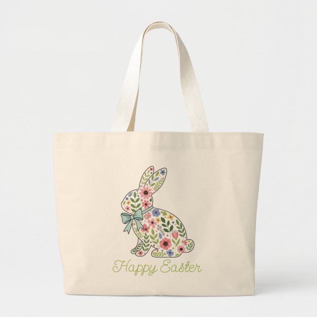 Bolsa Tote Grande Pink and Blue Wildflower Easter Rabbit (Frente)