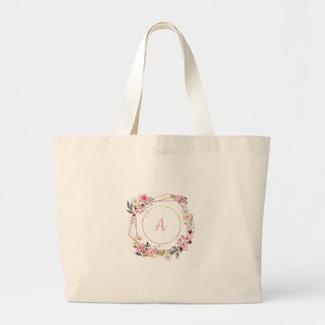 Bolsa Tote Grande Pink Floral Gold Geometric Tote Bag (Frente)