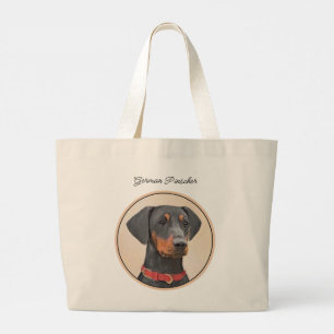 Bolsa Tote Grande Pinscher Alemão Pintando Arte Negra Original Para