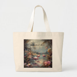 Bolsa Tote Grande pintura botânica em vintage flamingos personalizáv