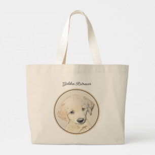 Bolsa Tote Grande Pintura de Filhote de Golden Retriever Arte Origin