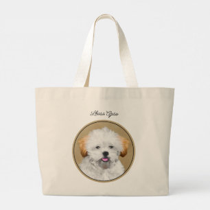Bolsa Tote Grande Pintura de Filhote de Lhasa Apso Fofa Arte Origina