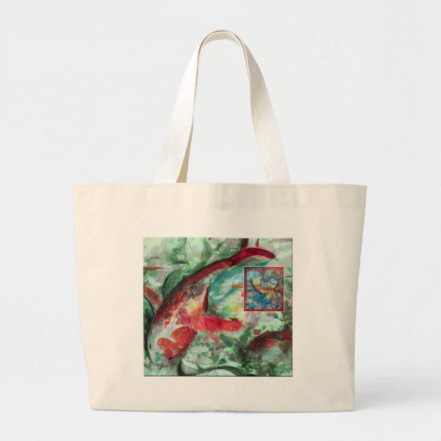 Bolsa Tote Grande Pintura de Peixes Koi Carp (Frente)