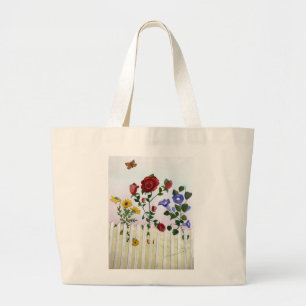 Bolsa Tote Grande Pintura em Aquarela de Flores em uma Cerca de Esta