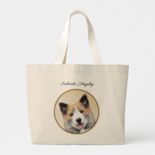 Bolsa Tote Grande Pintura Islandesa De Cão-Cão (Verso)