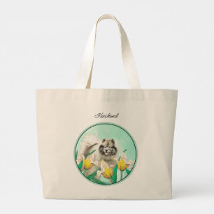 Bolsa Tote Grande Pintura Keeshond em Tulips — Arte Cachorra Origina