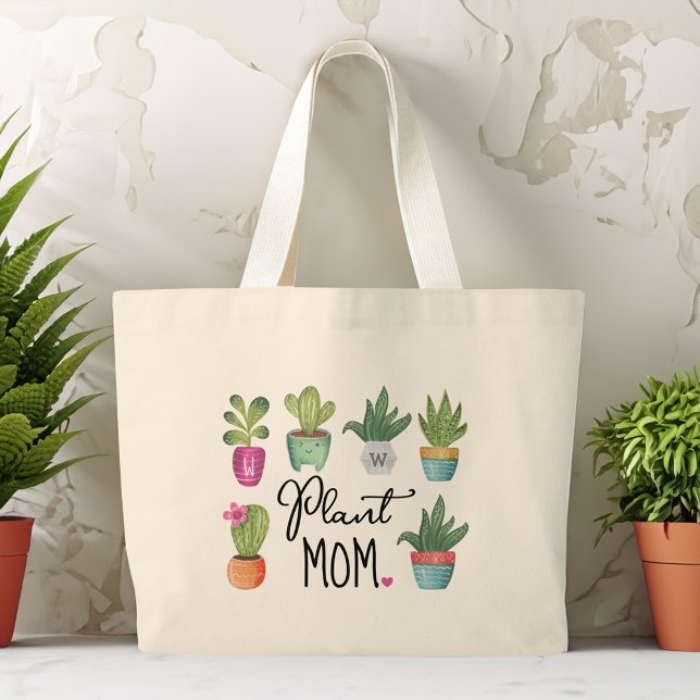 Bolsa Tote Grande Planta Mãe Divertida E Plantas Potentes Bonitas (Plant Mom Fun & Cute Potted Plants Large Tote Bag)