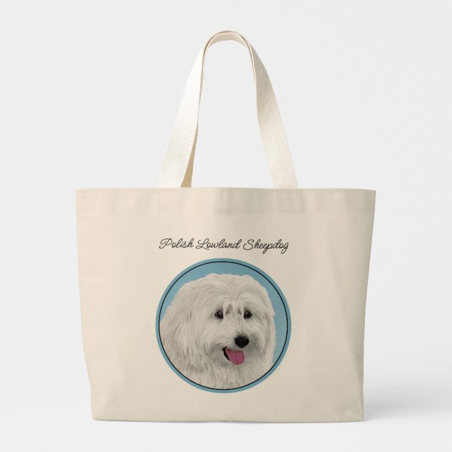 Bolsa Tote Grande Polonês Lowland Sheepdog Pintura Original (Verso)