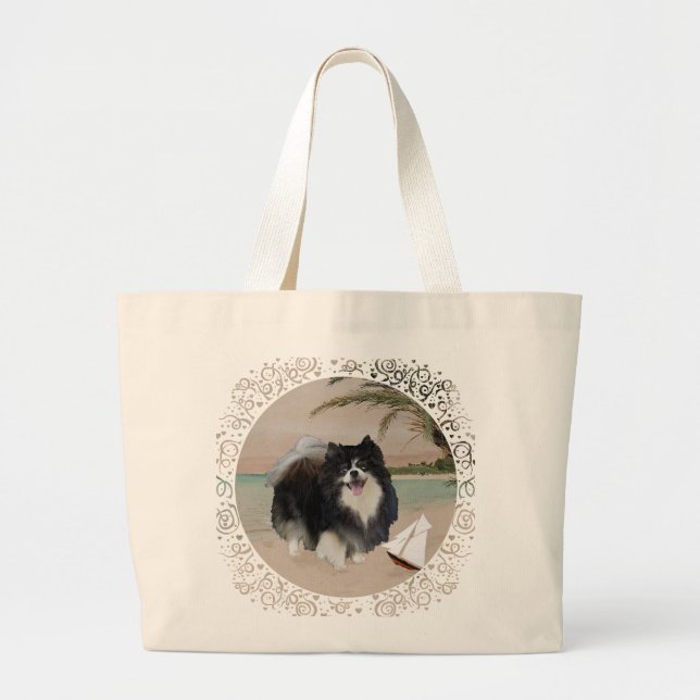 Bolsa Tote Grande Pomerânia preta com veleiro (Frente)