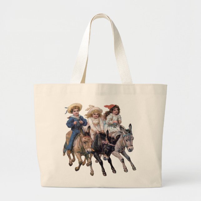 Bolsa Tote Grande Pôneis Antigos e Crianças Fofas (Frente)