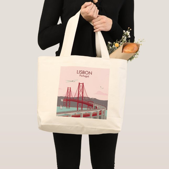 Bolsa Tote Grande Ponte de Lisboa sobre o rio Tagus no estilo da saf (Frente (produto))