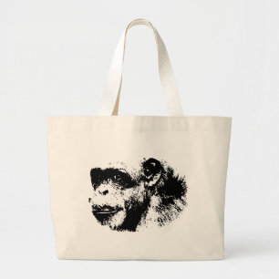 Bolsa Tote Grande Pop de arte em chimpanzé preto-e-branco