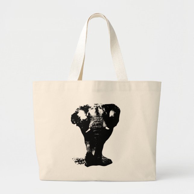Bolsa Tote Grande Pop de arte em Elefante Preto e Branco (Frente)