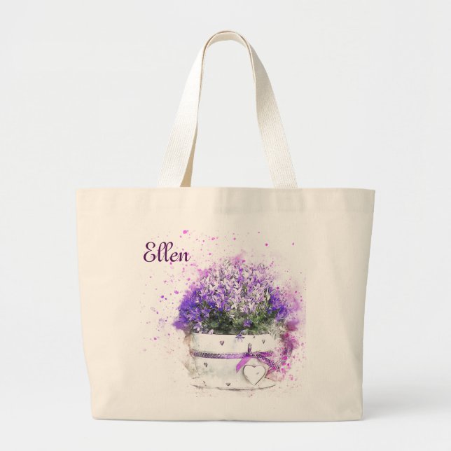 Bolsa Tote Grande Pote bonito de flores roxas. Feminino (Frente)