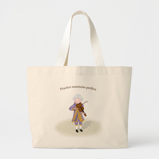 Bolsa Tote Grande "Prática Mantém Perfeito" Mozart Tocando Violino (Frente)