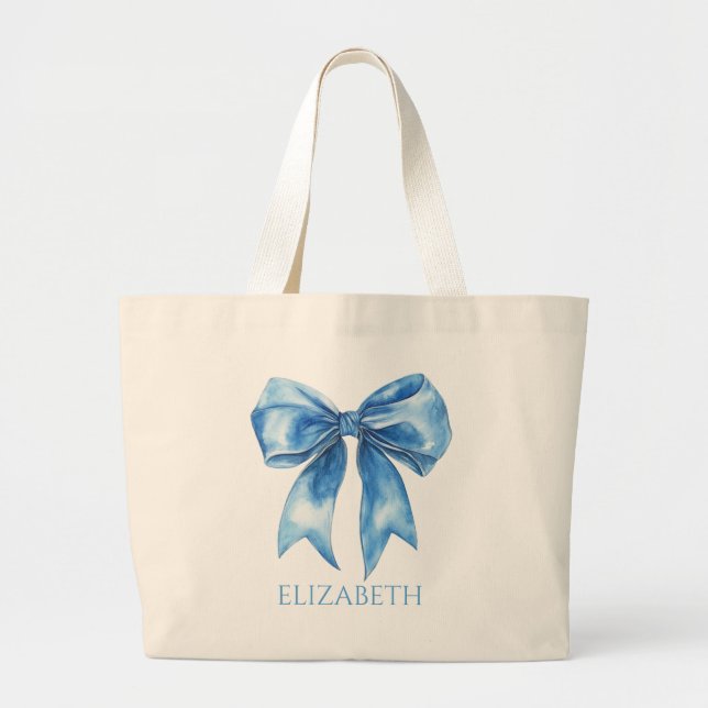 Bolsa Tote Grande Preppy Blue and White Bow Personalized (Frente)