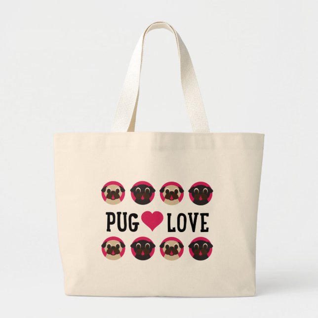 Bolsa Tote Grande Preto do amor do Pug & canvas dos Pugs da jovem (Frente)