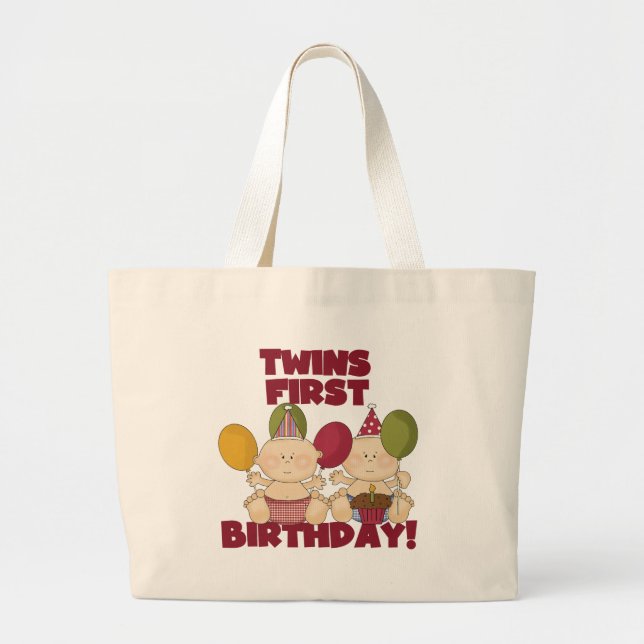 Bolsa Tote Grande Primeiro aniversario dos gêmeos - t-shirt e (Frente)