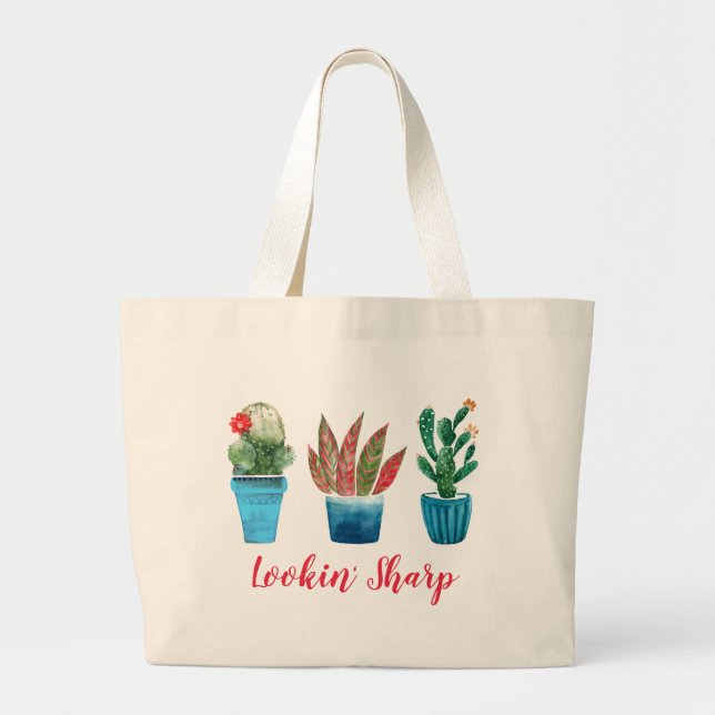 Bolsa Tote Grande Procurando Plantas De Cactus Fashionáveis E Nítida (Frente)