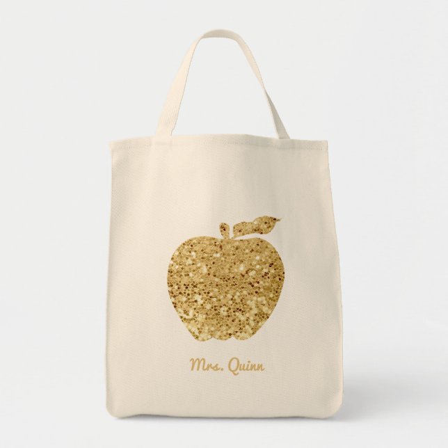 Bolsa Tote Grande Professor Personalizado, Dourado Faux Sequin Glam (Frente)