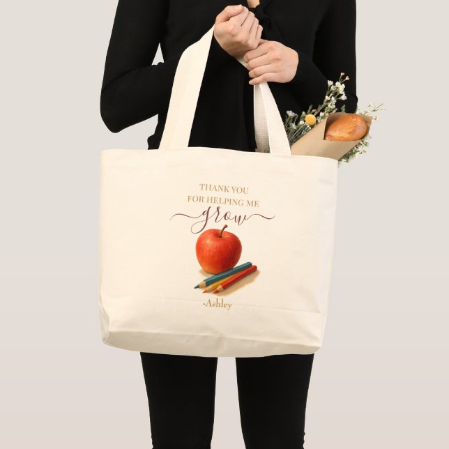 Bolsa Tote Grande Professora De Maçã De Aquarela - Obrigado, Present (Frente (produto))