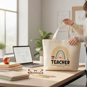 Bolsa Tote Grande Professora Ensina Amor Inspire Arco-Íris Personali