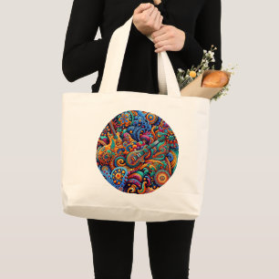 Bolsa Tote Grande Psychedelic Batik Guitar Arte Colorida Música Retr