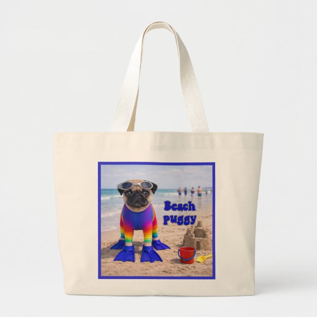 Bolsa Tote Grande Pug da Praia (Frente)