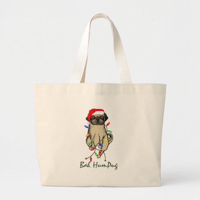 Bolsa Tote Grande Pug Dog Bah Humpug Feliz Natal (Frente)