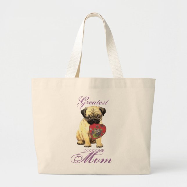 Bolsa Tote Grande Pug Heart Mãe (Frente)