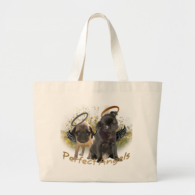 Bolsa Tote Grande pugs perfeitos dos anjos com margaridas (Frente)